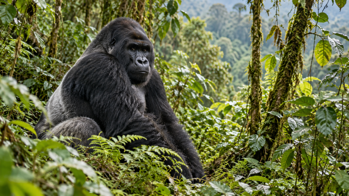 Silverback mountain gorilla sitting among lush rainforest vegetation
