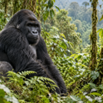 Silverback mountain gorilla sitting among lush rainforest vegetation