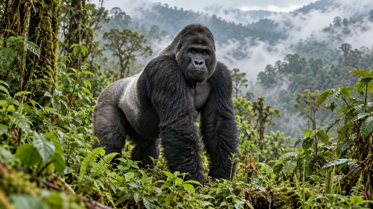 Silverback mountain gorilla surrounded by green foliage and misty forest.