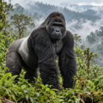 Silverback mountain gorilla surrounded by green foliage and misty forest.