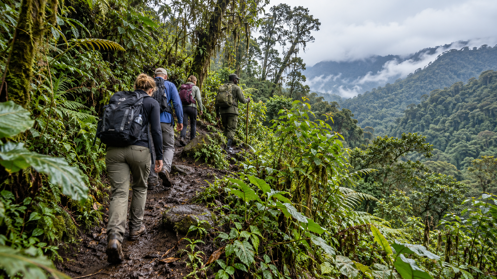 Guide leading hikers along a muddy forest trail overlooking misty hills.