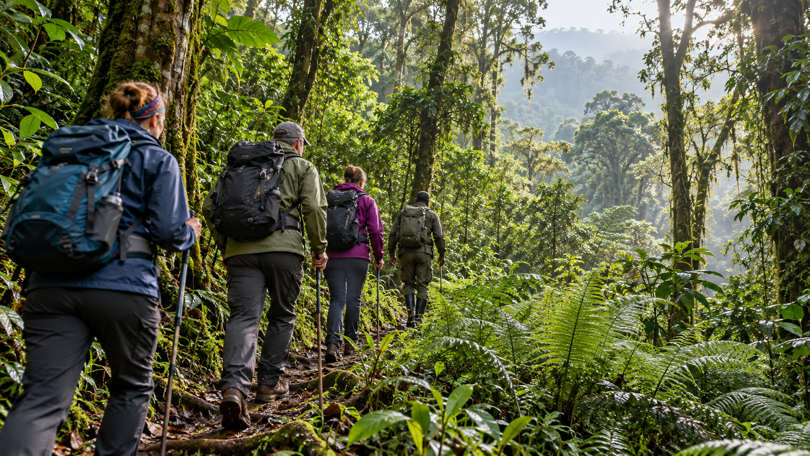 Hikers following a ranger along a lush rainforest trail