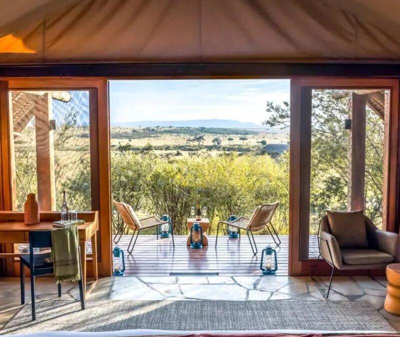 Inside vs Outside Masai Mara accommodation showing a safari lodge overlooking the savanna.