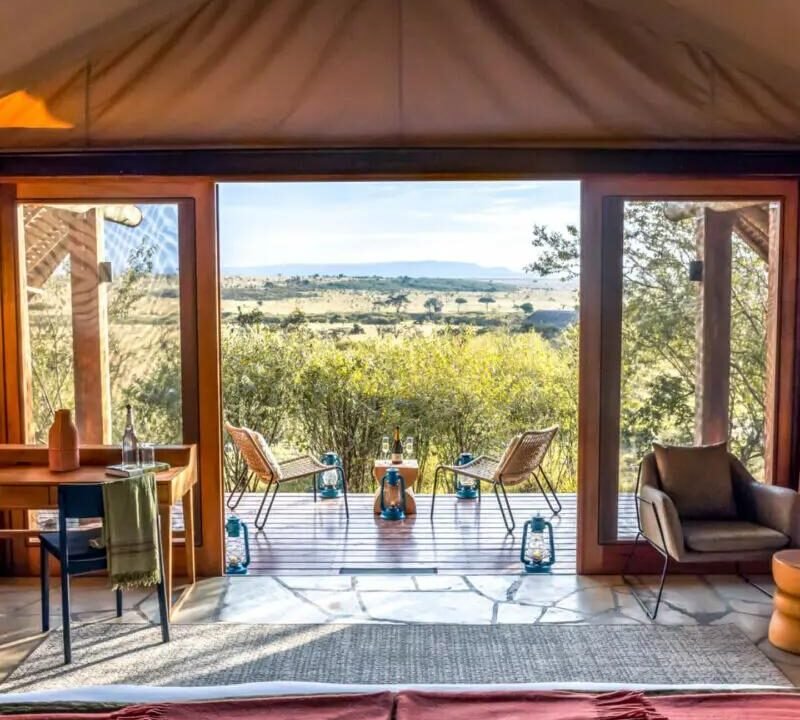Inside vs Outside Masai Mara accommodation showing a safari lodge overlooking the savanna.