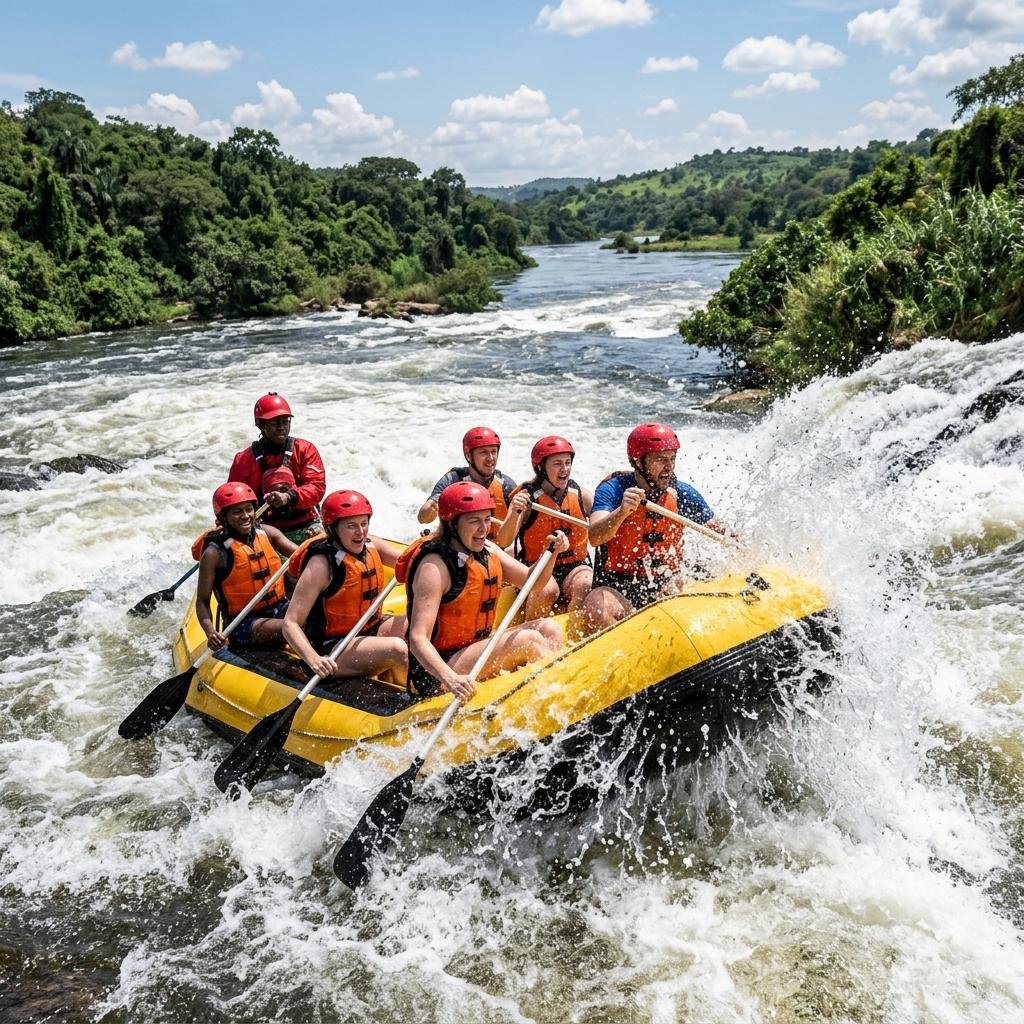 Rafters wearing helmets and life jackets during a safety briefing in Jinja Uganda