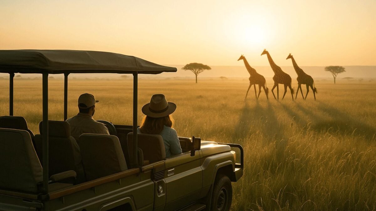 Kenya safari from Nairobi featuring a safari Land Cruiser exploring the beautiful Masai Mara savannah.