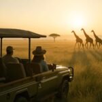 Kenya safari from Nairobi featuring a safari Land Cruiser exploring the beautiful Masai Mara savannah.