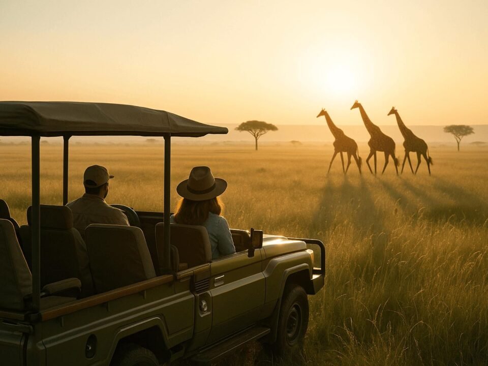 Kenya safari from Nairobi featuring a safari Land Cruiser exploring the beautiful Masai Mara savannah.