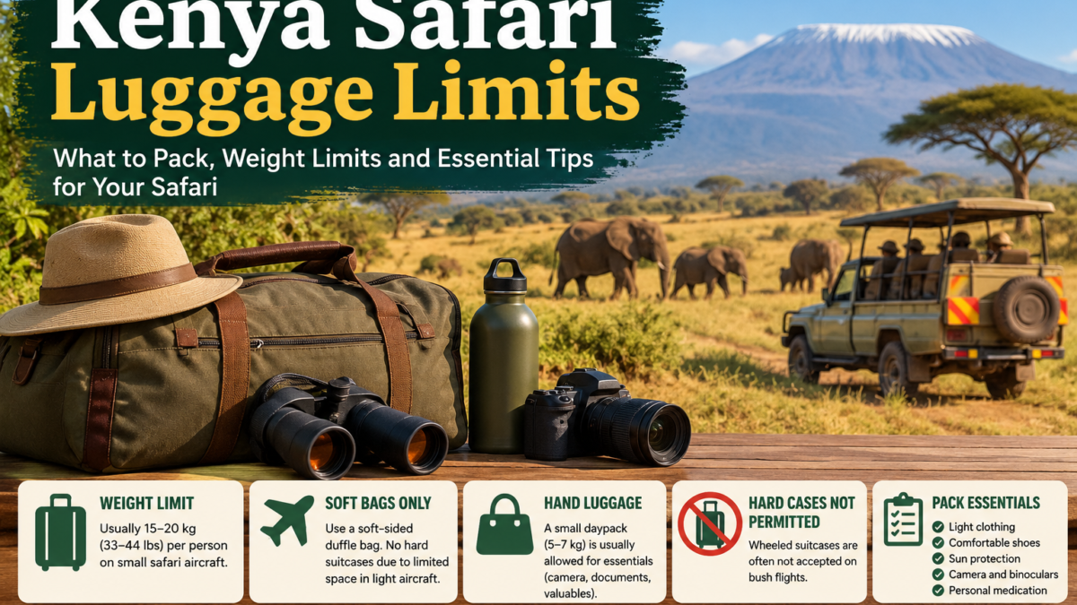 Kenya Safari Luggage Limits guide showing a soft-sided safari bag, camera, binoculars, elephants and a safari vehicle.