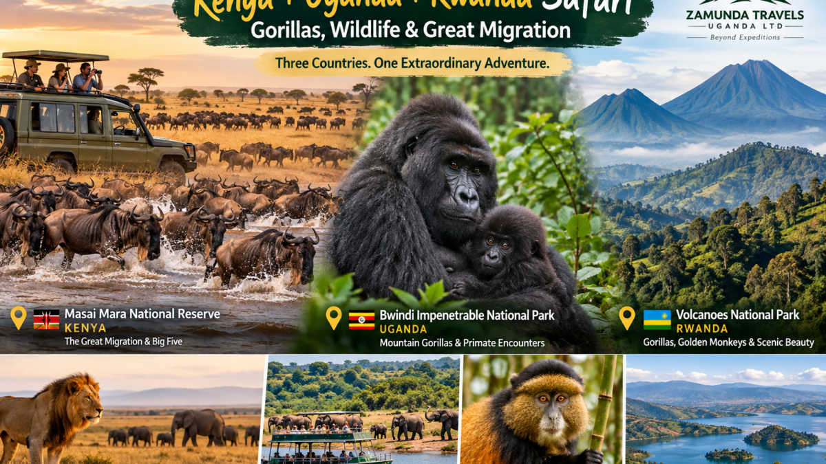 Kenya Uganda Rwanda Safari featuring mountain gorillas in Bwindi, Great Migration in Masai Mara, and Volcanoes National Park