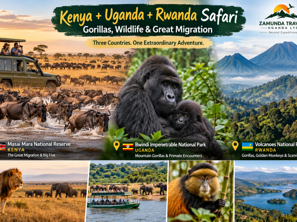 Kenya Uganda Rwanda Safari featuring mountain gorillas in Bwindi, Great Migration in Masai Mara, and Volcanoes National Park