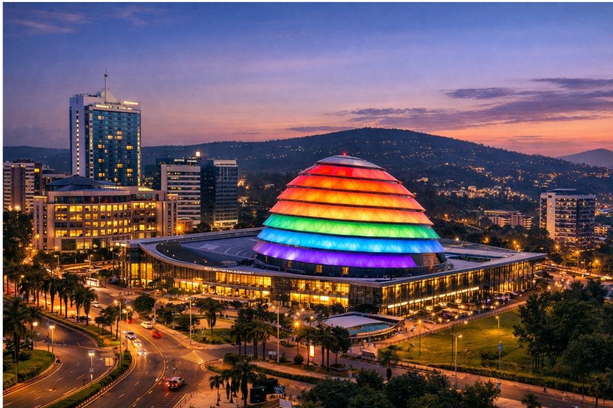 Kigali city skyline at night, a popular destination for Christmas holidays in Rwanda.