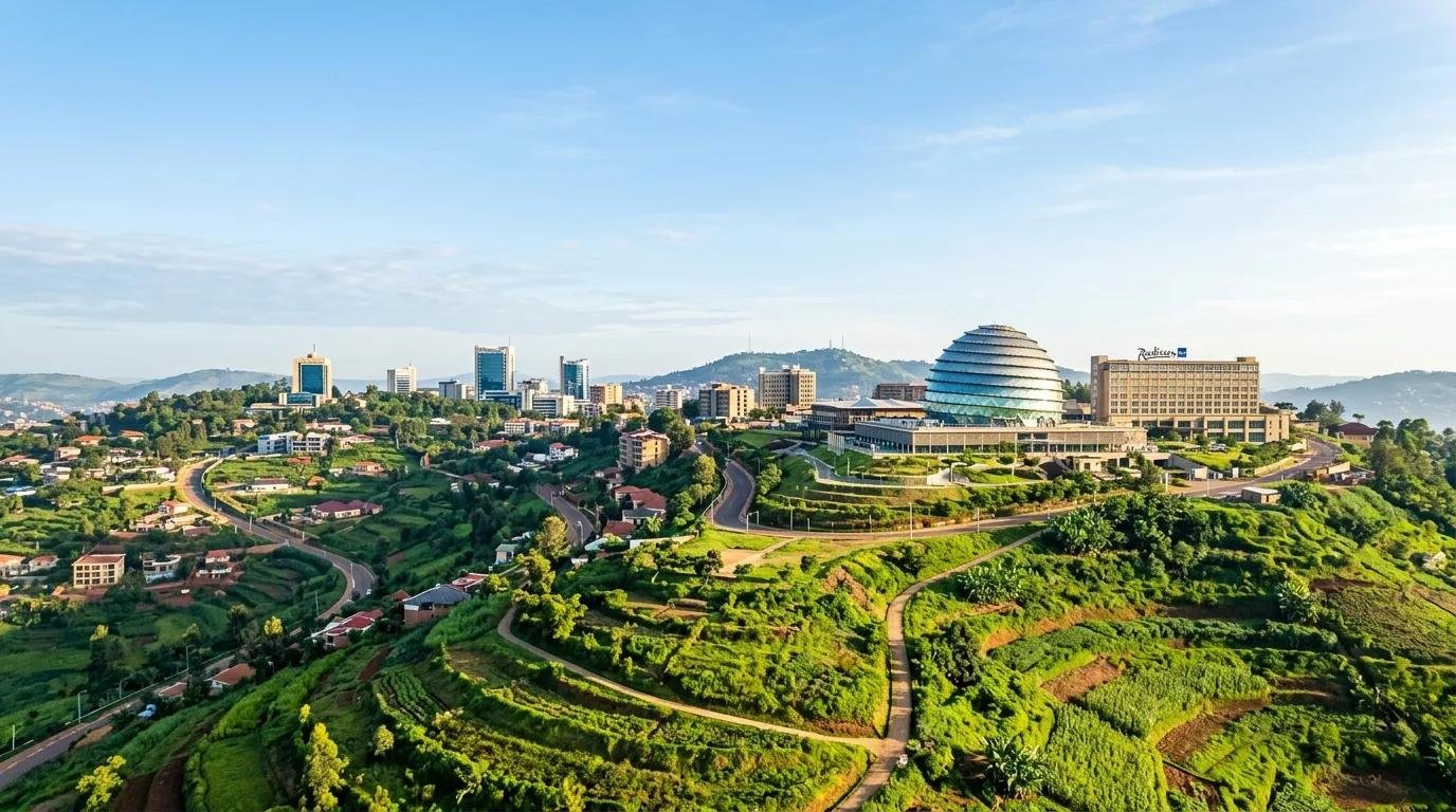 Kigali city skyline with modern buildings and beautiful green hills in Rwanda.