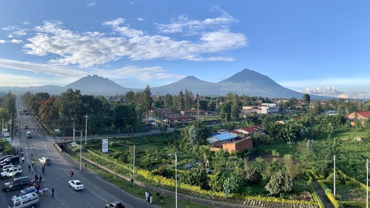 Kigali or Musanze before gorilla trekking in Rwanda, showing the Virunga Mountains.