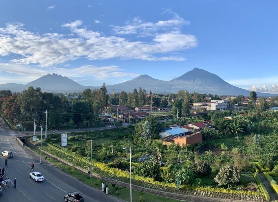 Kigali or Musanze before gorilla trekking in Rwanda, showing the Virunga Mountains.