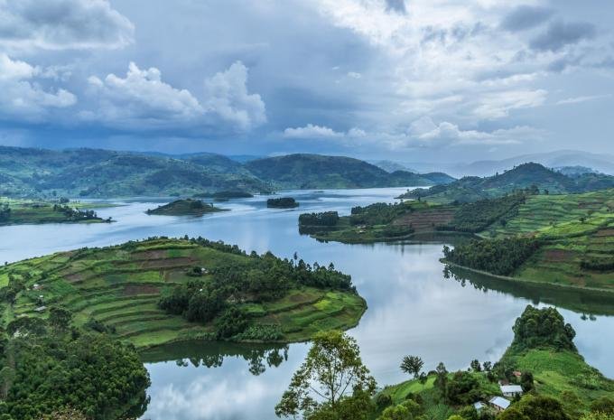 Lake Bunyonyi islands and green hills in southwestern Uganda