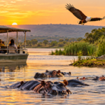 Lake Ihema boat safari in Akagera National Park featuring hippos, a Nile crocodile and an African fish eagle