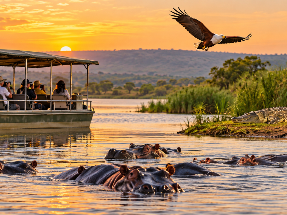 Lake Ihema boat safari in Akagera National Park featuring hippos, a Nile crocodile and an African fish eagle