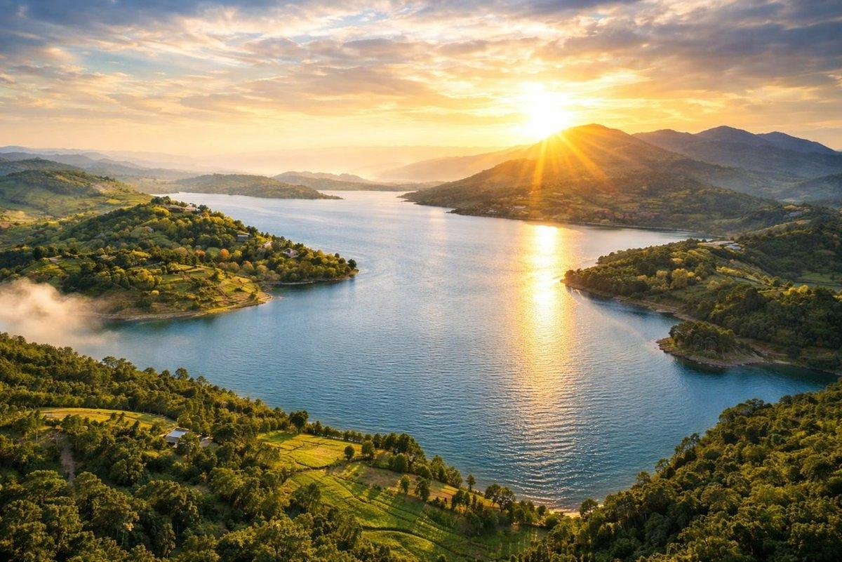 Beautiful Lake Kivu surrounded by green hills and peaceful islands in western Rwanda.