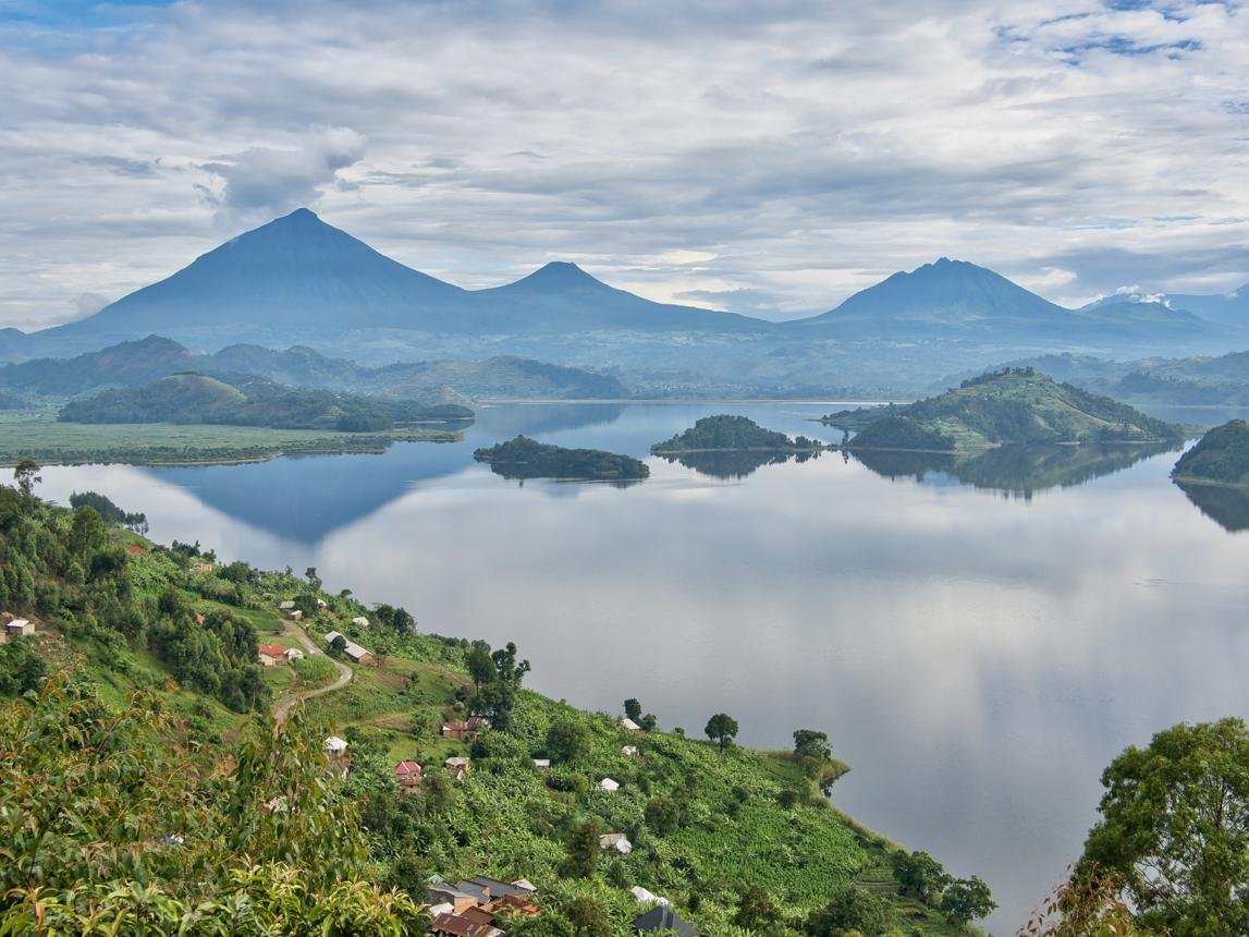 Lake Mutanda and the Virunga Mountains near southern Bwindi in Uganda