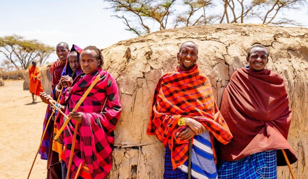 Maasai community members wearing traditional clothing in northern Tanzania.