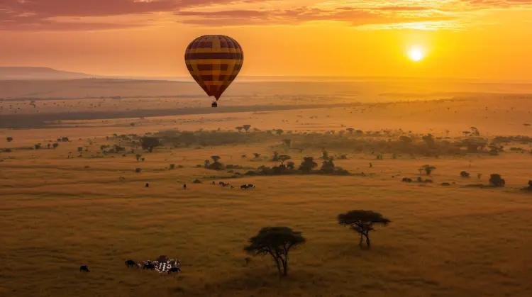 Hot air balloon floating above the Maasai Mara savannah at sunrise in Kenya.