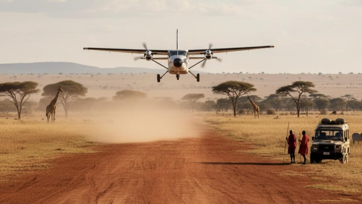 Masai Mara fly-in safari aircraft landing at a bush airstrip in Kenya.