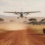 Masai Mara fly-in safari aircraft landing at a bush airstrip in Kenya.