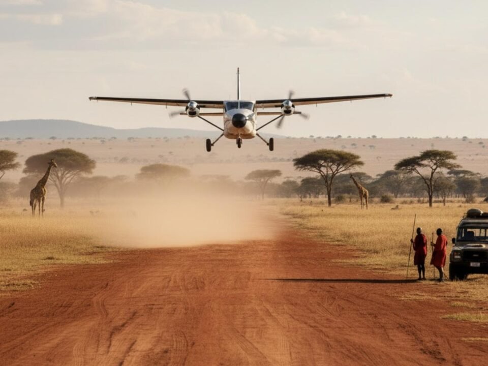 Masai Mara fly-in safari aircraft landing at a bush airstrip in Kenya.