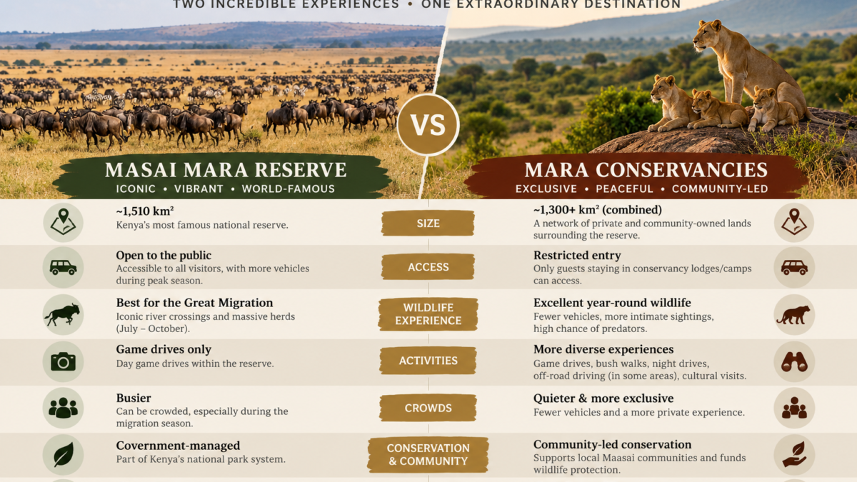 Masai Mara Reserve vs Conservancies comparison showing wildebeest migration in the national reserve and lions in a private conservancy in Kenya.