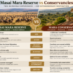 Masai Mara Reserve vs Conservancies comparison showing wildebeest migration in the national reserve and lions in a private conservancy in Kenya.