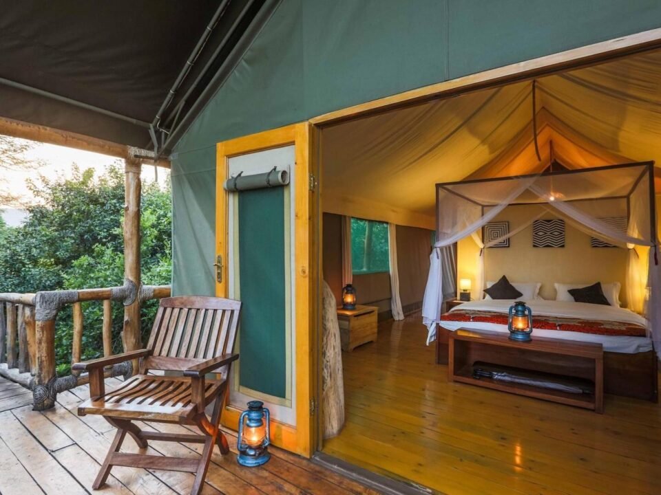Luxury eco-friendly tented accommodation at Ruzizi Tented Lodge beside Lake Ihema in Akagera National Park.