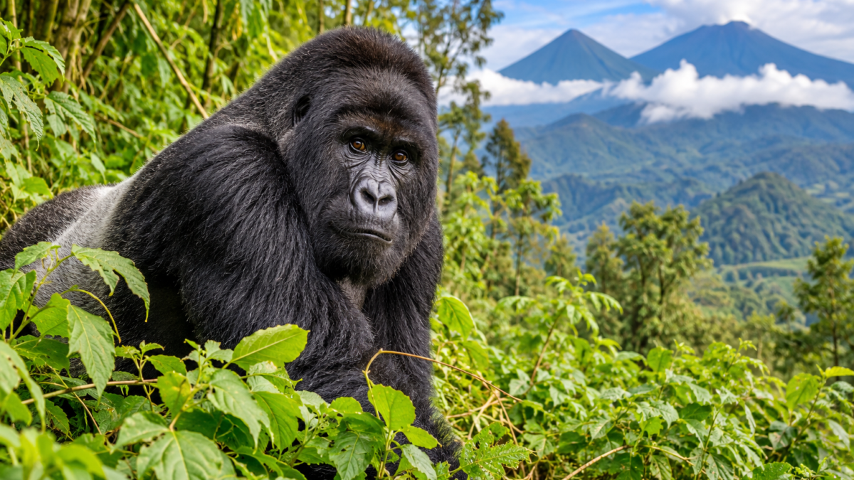 Rwanda Gorilla Safari Quotes featuring a mountain gorilla in the rainforest of Volcanoes National Park