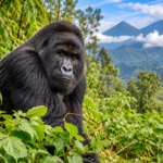 Rwanda Gorilla Safari Quotes featuring a mountain gorilla in the rainforest of Volcanoes National Park