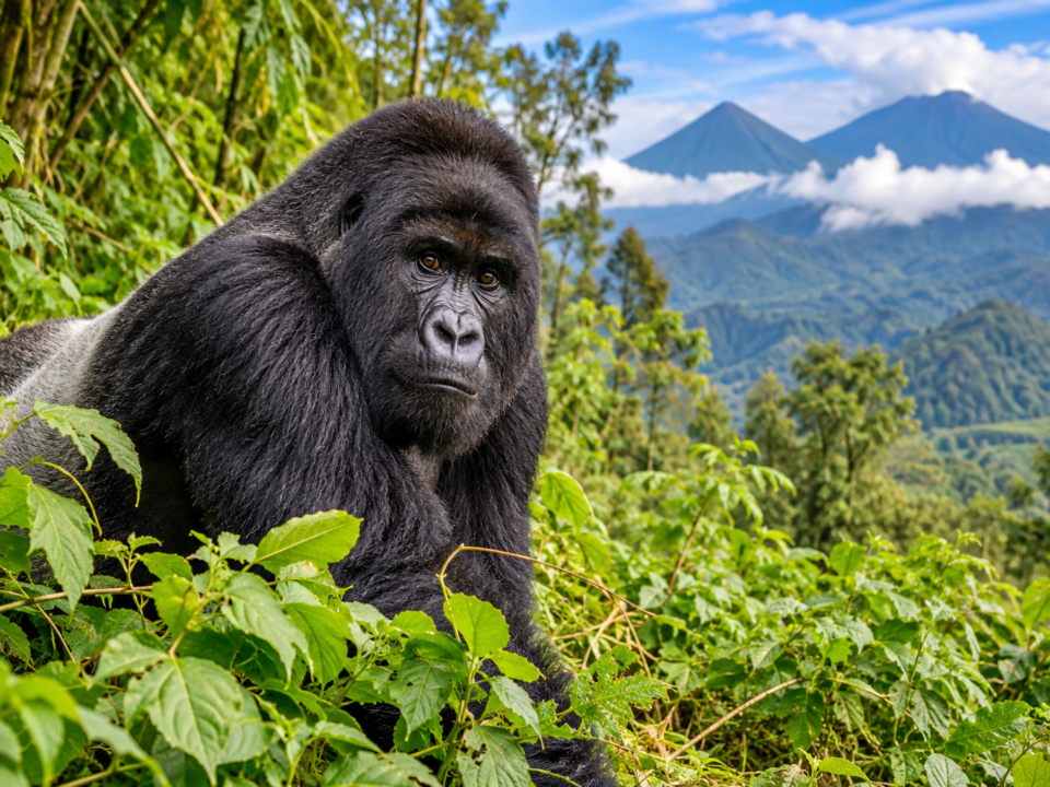 Rwanda Gorilla Safari Quotes featuring a mountain gorilla in the rainforest of Volcanoes National Park