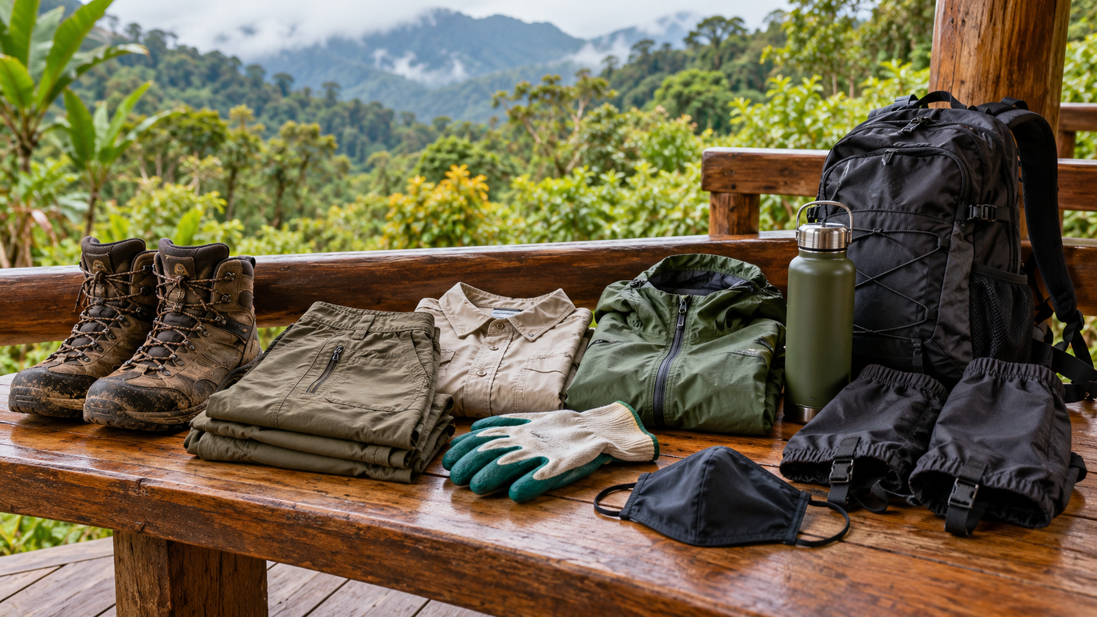 Hiking boots, rain jacket, gloves, water bottle and daypack on a wooden bench