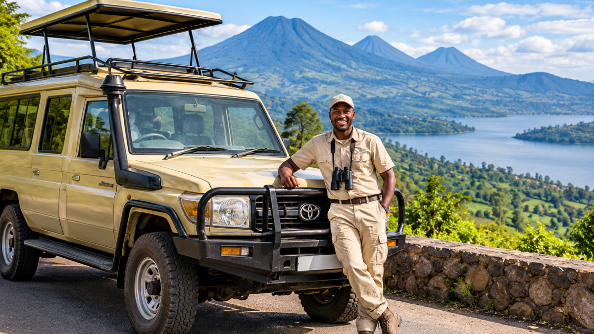 Rwanda private driver-guide standing beside a 4x4 safari Land Cruiser with scenic mountains and a lake in the background.