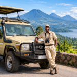 Rwanda private driver-guide standing beside a 4x4 safari Land Cruiser with scenic mountains and a lake in the background.