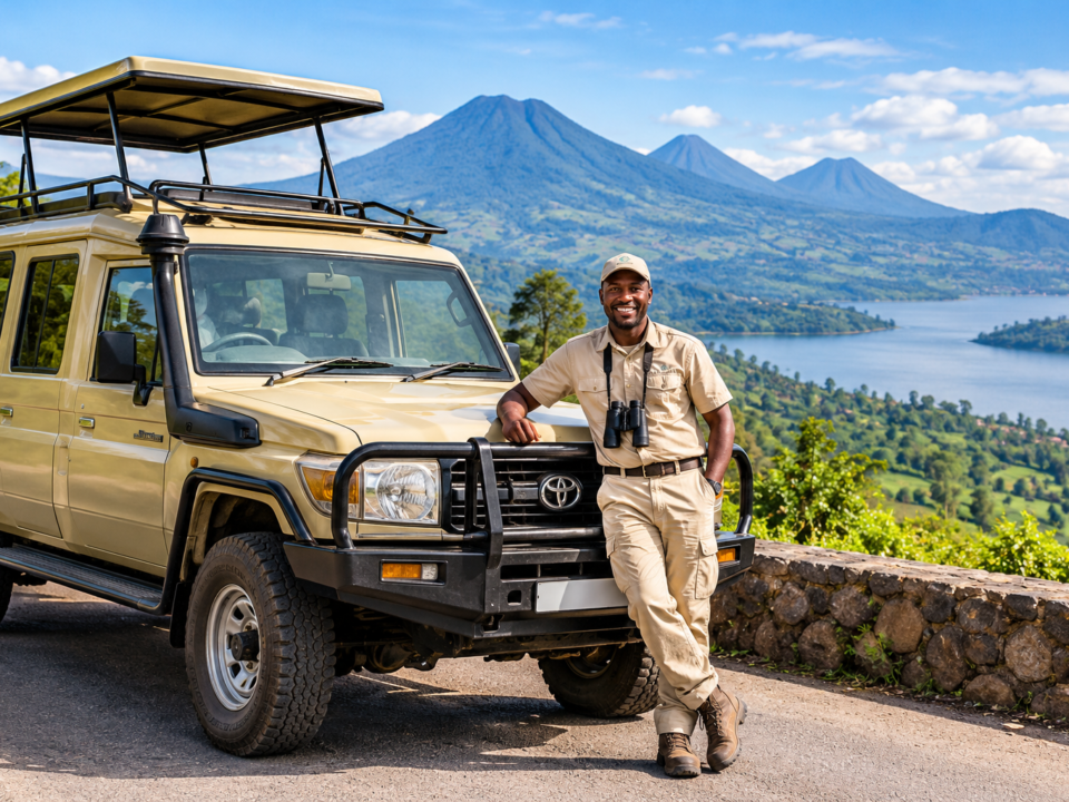 Rwanda private driver-guide standing beside a 4x4 safari Land Cruiser with scenic mountains and a lake in the background.