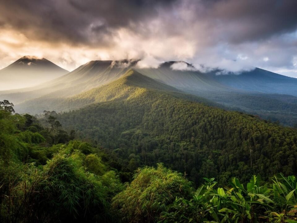 Rwanda safari nights guide showing the Virunga Mountains and Volcanoes National Park.