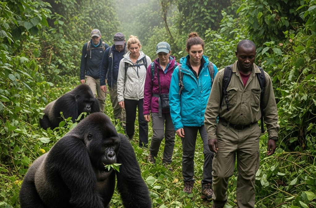 Rwanda safari tipping: lead guide and trackers walking visitors through the forest in Volcanoes National Park