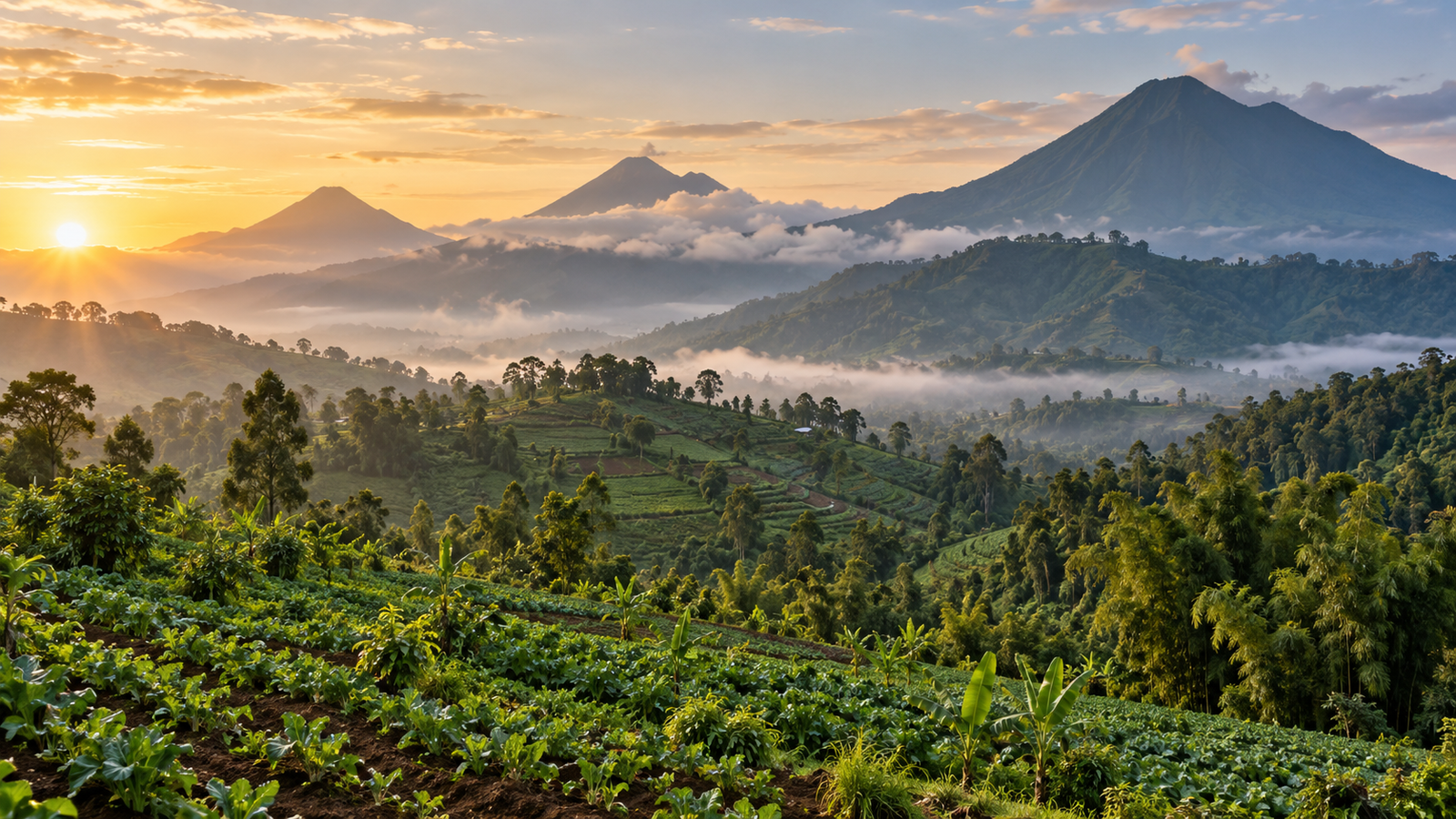 Misty volcanic peaks above green cultivated hills at sunrise