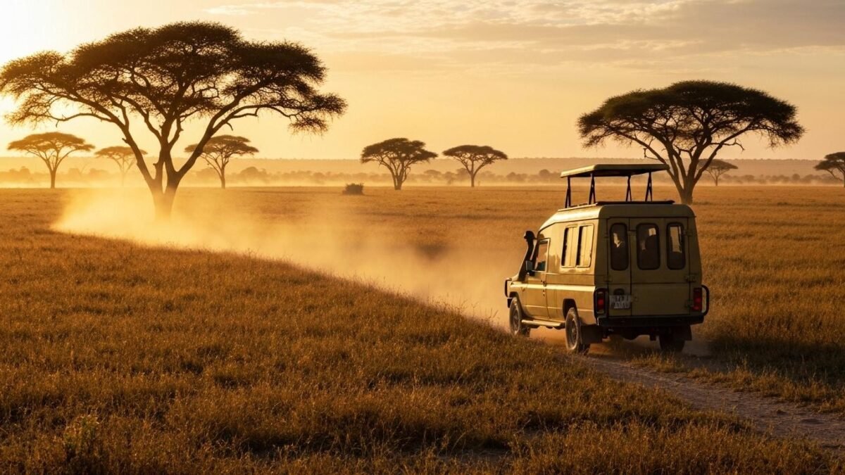 Serengeti safari nights comparison showing a safari vehicle exploring the plains of Tanzania.