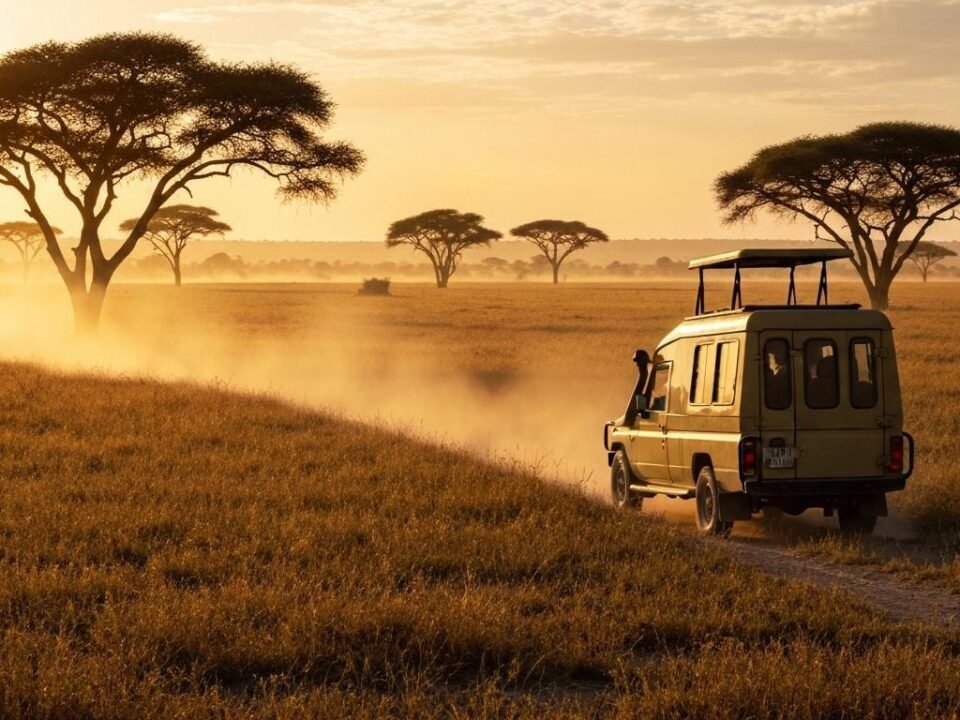 Serengeti safari nights comparison showing a safari vehicle exploring the plains of Tanzania.