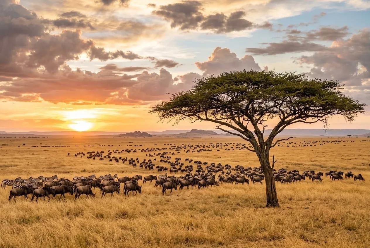 Wildebeest herds in Tanzania's Serengeti National Park during an AFCON safari holiday.