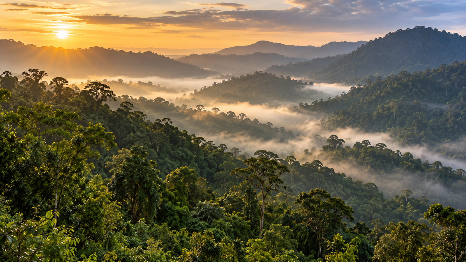 Morning mist drifting over green forested hills at sunrise