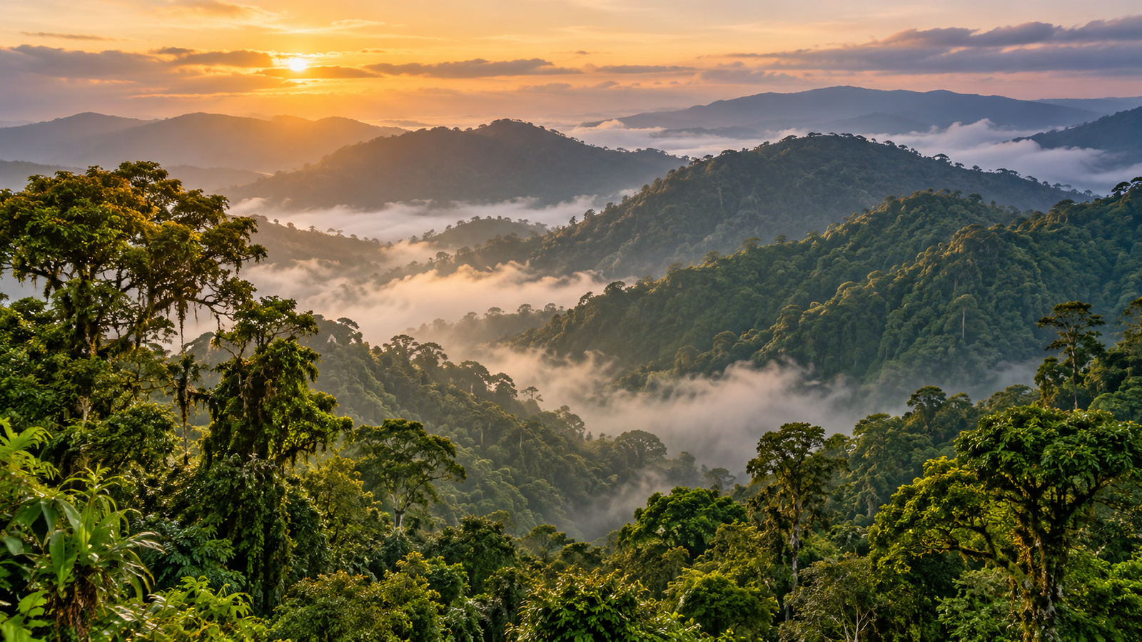 Sunrise over forested mountain ridges with mist filling the valleys.