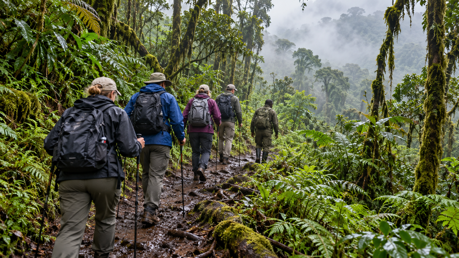 Guide leading hikers with backpacks and walking sticks along a muddy rainforest trail.