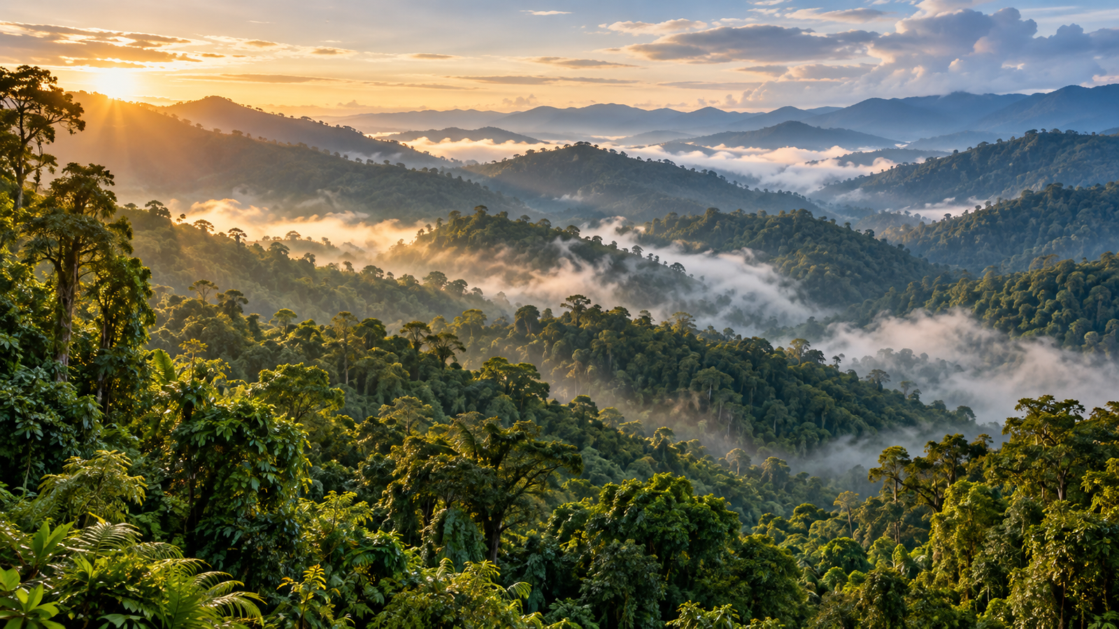 Sunrise illuminating green forested hills with mist drifting through the valleys.