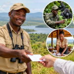 Uganda Safari Tipping Guide showing a safari driver receiving a tip, with gorilla rangers, porters and lodge staff in Uganda.